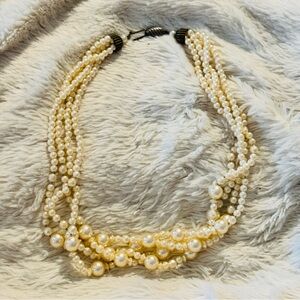 Vintage Multi Strand Faux Pearl Statement Necklace Cluster Beads